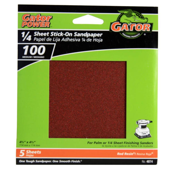Gator® 4074 Aluminum Oxide 1/4 Sheet Stick-On Sandpaper, 100-Grit, 4.5", 5-Pack