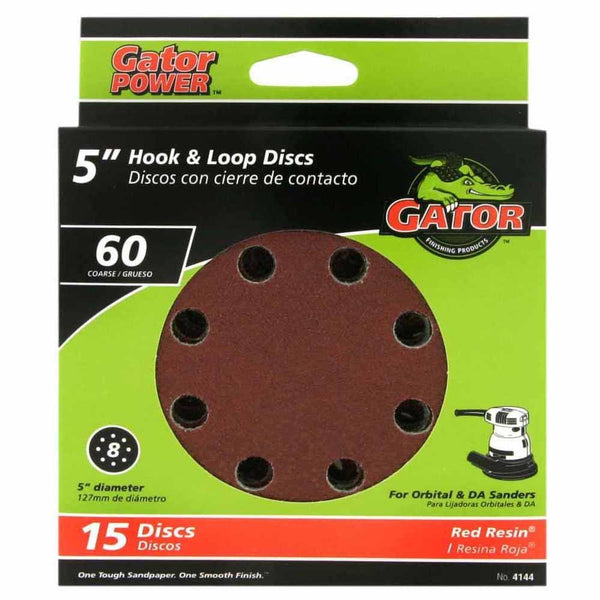 Gator® 4144 Aluminum Oxide 8-Hole Hook & Loop Sanding Disc, 60-Grit, 5", 15-Pack