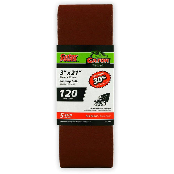 Gator® 7010 Aluminum Oxide Sanding Belts, 120-Grit, 3" x 21", 5-Pack