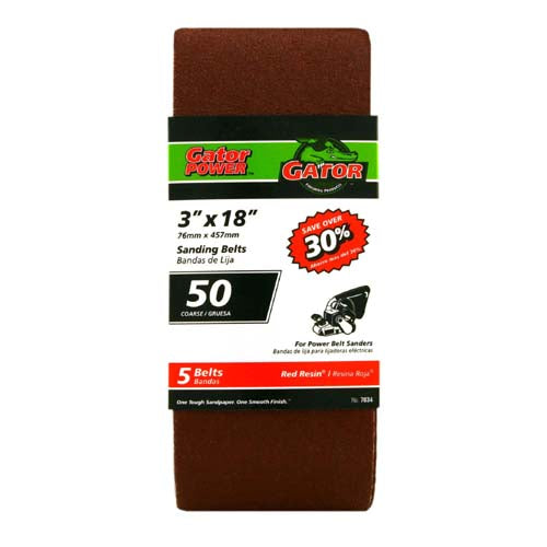 Gator® 7034 Aluminum Oxide Sanding Belts, 50-Grit, 3" x 18", 5-Pack