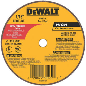 DeWalt® DW8719 Metal & Stainless Long Life Cutting Wheel, A60T, 4" x 3/8"