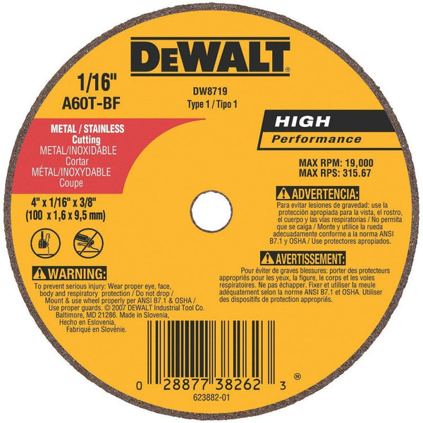 DeWalt® DW8719 Metal & Stainless Long Life Cutting Wheel, A60T, 4" x 3/8"