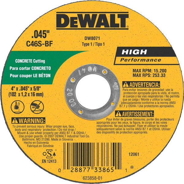 DeWalt® DW8071 High Performance™ Concrete/Masonry Cutting Wheel, 4"x.045"x5/8"