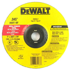 DeWalt® DW8427 High Performance™ Type 27 Metal Cutting Wheel, 7" x .045" x 7/8"