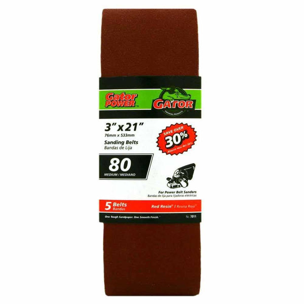 Gator® 7011 Aluminum Oxide Sanding Belts, 80-Grit, 3" x 21", 5-Pack