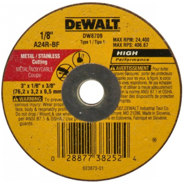 DeWalt® DW8709 Metal & Stainless Grinding Wheel, A24R, 3" x 1/8" x 3/8"