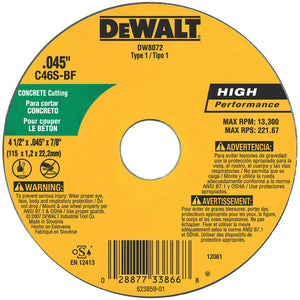 DeWalt® DW8072 High Performance™ Concrete/Masonry Cutting Wheel, 4.5"x.045"x7/8"