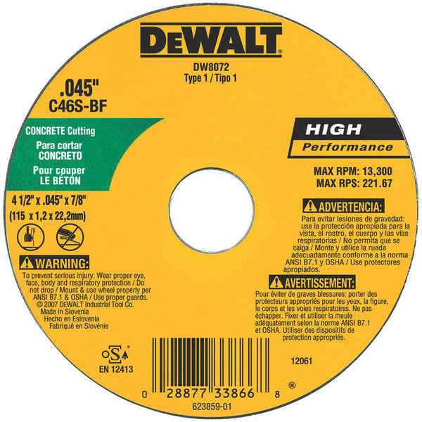 DeWalt® DW8072 High Performance™ Concrete/Masonry Cutting Wheel, 4.5"x.045"x7/8"