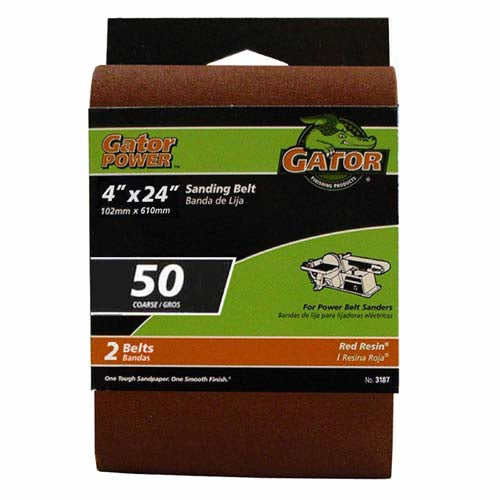 Gator® 3187 Aluminum Oxide Sanding Belts, 50 Grit, 4" x 24", 2-Pack