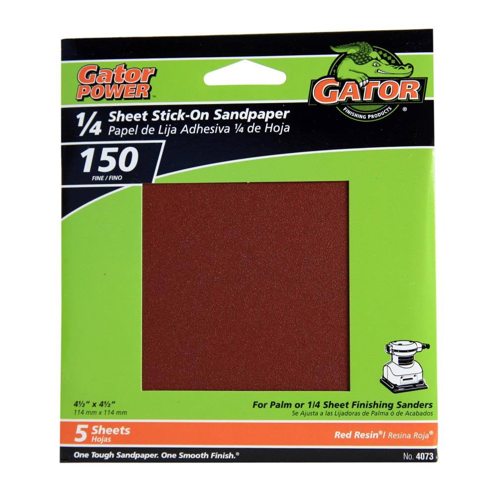 Gator® 4073 Aluminum Oxide 1/4 Sheet Stick-On Sandpaper, 150-Grit, 4.5", 5-Pack