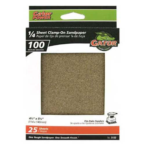 Gator® 5132 1/4 Sheet Clamp-On Sandpaper, 100-Grit, 4.5" x 5.5", 25-Pack