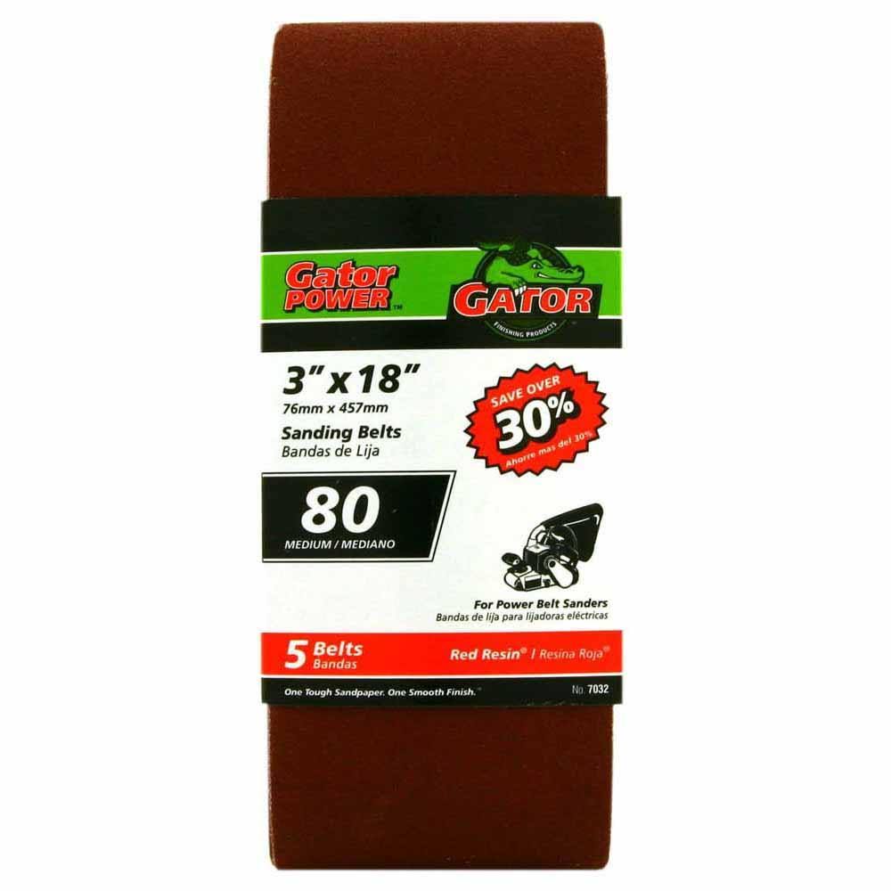 Gator® 7032 Aluminum Oxide Sanding Belts, 80-Grit, 3" x 18", 5-Pack