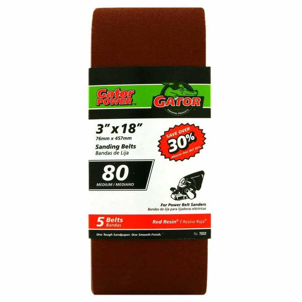 Gator® 7032 Aluminum Oxide Sanding Belts, 80-Grit, 3" x 18", 5-Pack