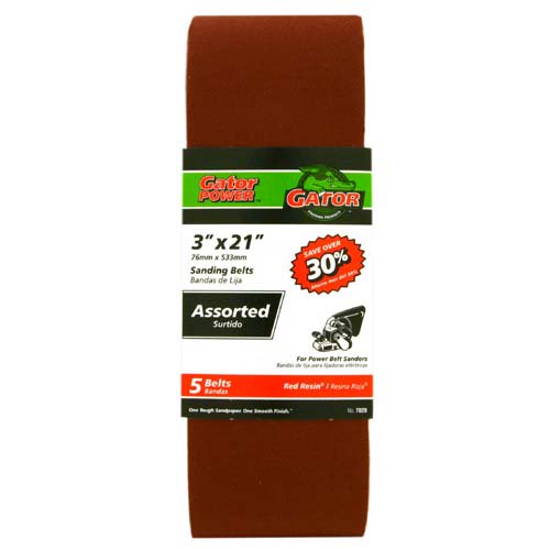 Gator® 7020 Aluminum Oxide Sanding Belts, Assorted Grits, 3" x 21", 5-Pack