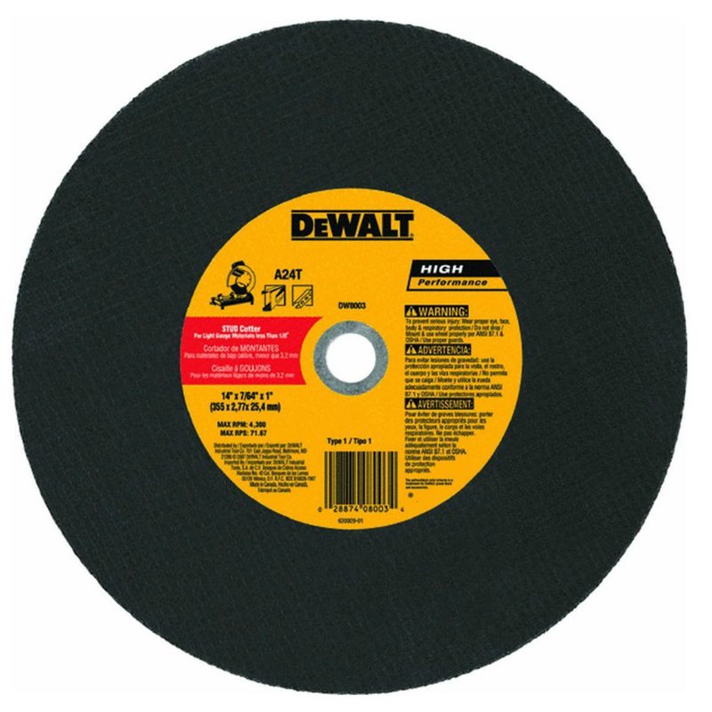 DeWalt® DW8003 High Performance Type-1 Stud Cutting Wheel, 14" x 7/64" x 1"