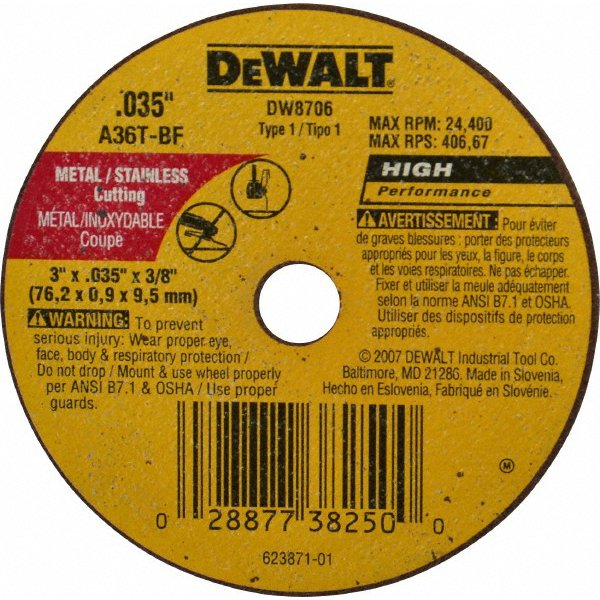 DeWalt® DW8706 Metal & Stainless Fast Cutting Wheel, A36T, 3" x .035" x 3/8"