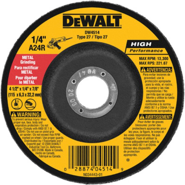 DeWalt® DW4514B5 High Performance Metal Grinding Wheel, 4-1/2" x 7/8" Arbor,5-Pk