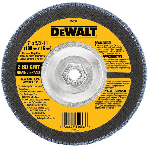 DeWalt® DW8329 High Performance™ Type 29 Zirconia Flap Disc, 60 Grit, 7"x5/8"-11