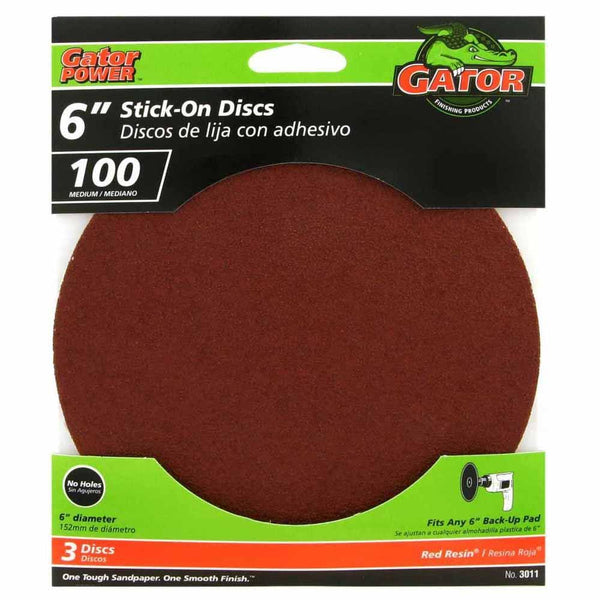 Gator® 3011 Red Resin® Stick-On Aluminum Oxide Sanding Disc, 100-Grit, 6", 3-Pk