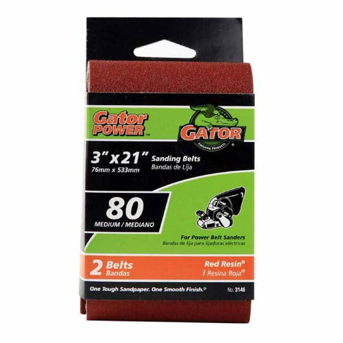 Gator® 3146 Aluminum Oxide Sanding Belts, 80 Grit, 3" x 21", 2-Pack