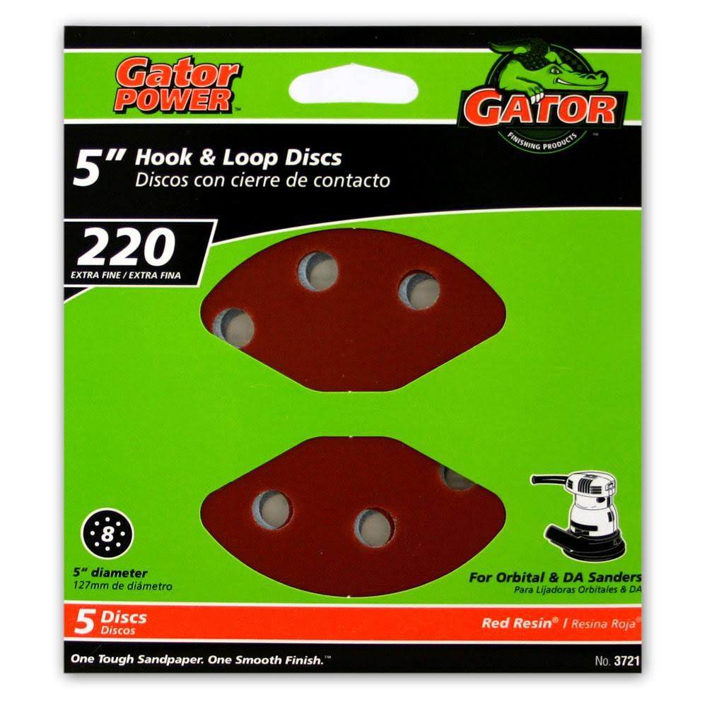 Gator® 3721 Aluminum Oxide 8-Hole Hook & Loop Sanding Disc, 220 Grit, 5", 5-Pack