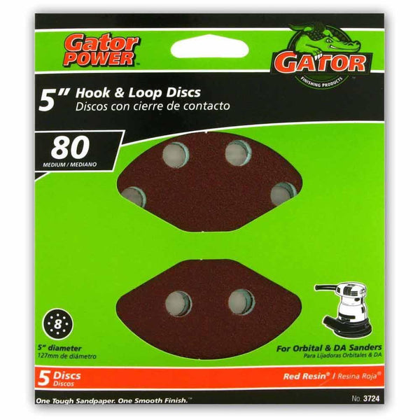 Gator® 3724 Aluminum Oxide 8-Hole Hook & Loop Sanding Disc, 80 Grit, 5", 5-Pack