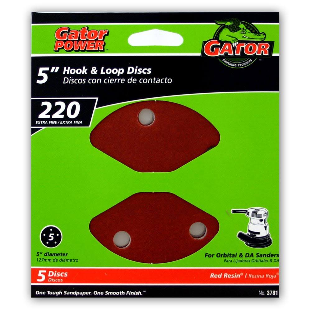Gator® 3781 Aluminum Oxide 5-Hole Hook & Loop Sanding Disc, 220-Grit, 5", 5-Pack