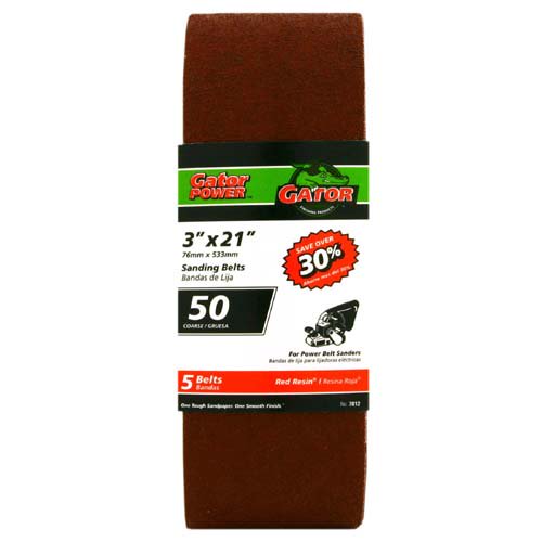 Gator® 7012 Aluminum Oxide Sanding Belts, 50-Grit, 3" x 21", 5-Pack