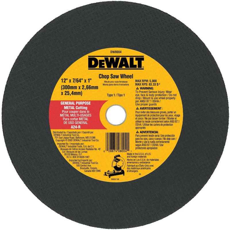 DeWalt® DW8004 Type-1 General Purpose Metal Cutting Chop Saw Wheel, 12"x7/64"x1"
