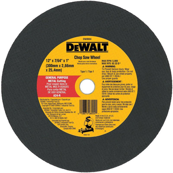 DeWalt® DW8004 Type-1 General Purpose Metal Cutting Chop Saw Wheel, 12"x7/64"x1"