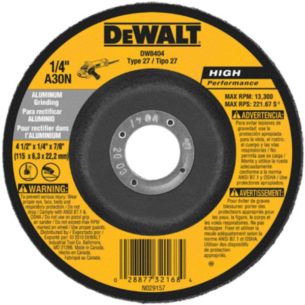 DeWalt® DW8404 High Performance™ Type 27 Aluminum Grinding Wheel, 4-1/2" x 7/8"