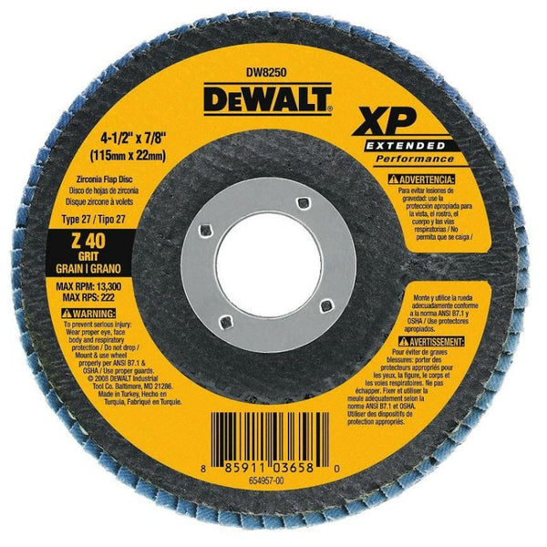 DeWalt® DW8250 XP™ Extended Performance Flap Disc, 40 Grit, 4.5" x 7/8"