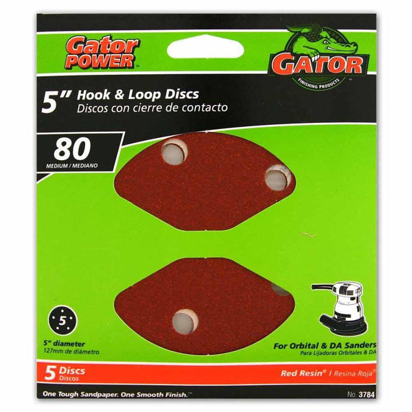 Gator® 3784 Aluminum Oxide 5-Hole Hook & Loop Sanding Disc, 80-Grit, 5", 5-Pack