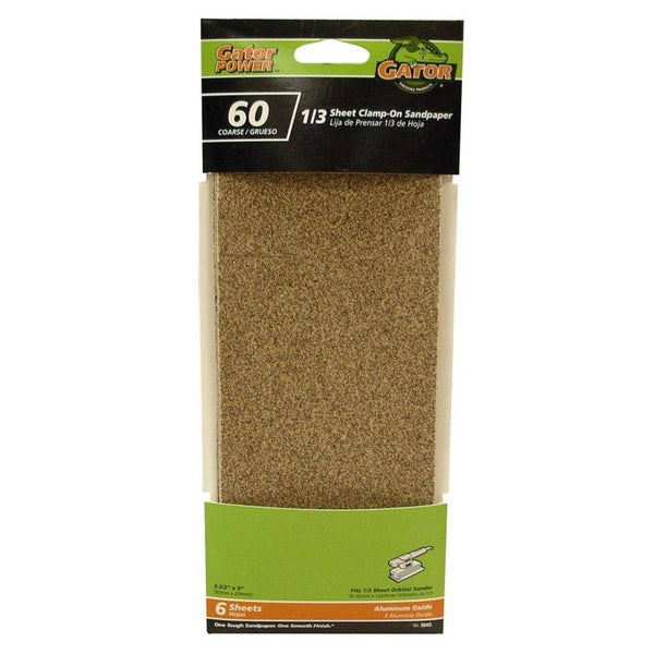 Gator® 5043 Aluminum Oxide 1/3 Sheet Clamp-On Sandpaper, 60-Grit, 3-2/3"x9", 6-Pk