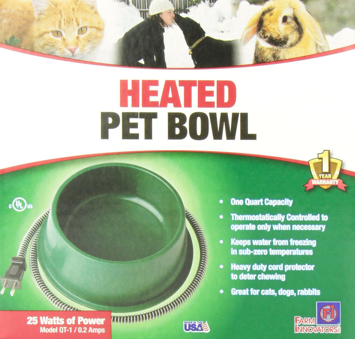 Farm Innovators QT-1 Heated Pet Bowl, Green, 1-Quart, 25-Watts