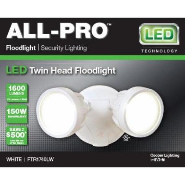 All-Pro™ FTR1740LW Twin-Head Outdoor Round LED Floodlight, White, 1600 Lumens