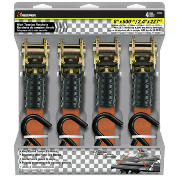 Keeper® 45766 Ratchet Tie Down with Mini Pistol Grip Handle, 1" x 8', 4-Pack
