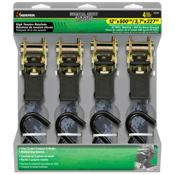 Keeper® 43509 High-Tension Ratchet Tie-Down, Digital Gray Camo, 1"x12', 4-Pack