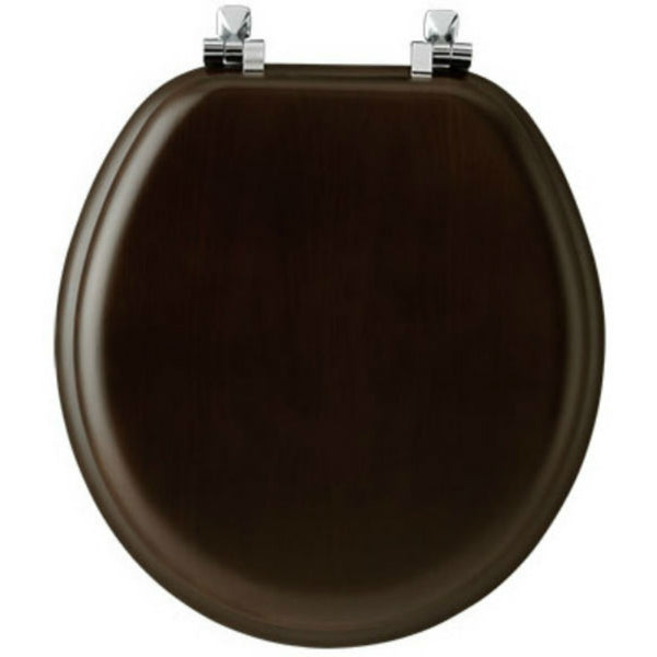 Mayfair 9601CP-888 Round Wood Veneer Toilet Seat with Chrome Hinges, Walnut