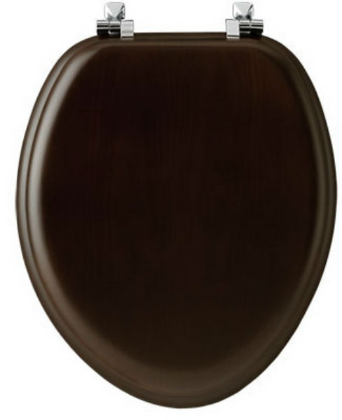 Mayfair 19601CP-888 Elongated Wood Veneer Toilet Seat w/ Chrome Hinges, Walnut