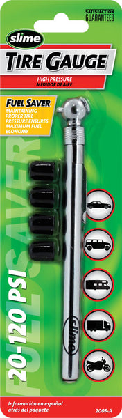 Slime® 2005-A Classic Pencil Tire Gauge with 4 Valve Caps, 20-120 PSI
