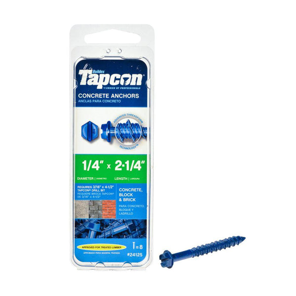 Tapcon® 24125 Hex-Washer-Head Concrete Anchors, 1/4" x 2-1/4", 8-Count