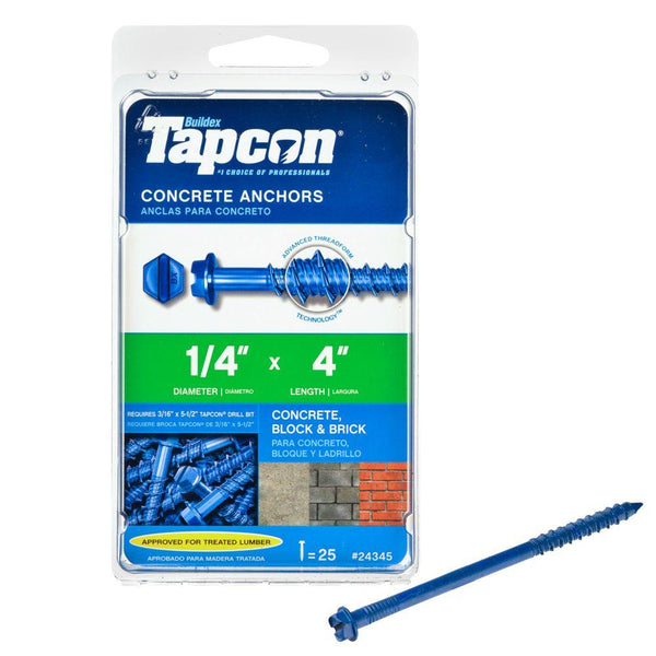 Tapcon® 24345 Hex-Washer-Head Concrete Anchors, 1/4" x 4", 25-Count
