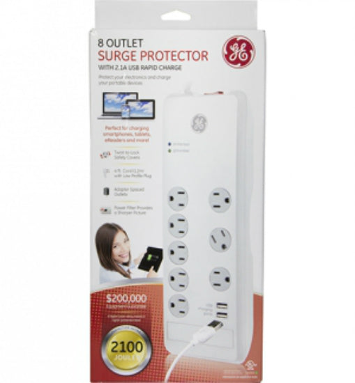 GE 30474 Surge Protector with Twist To Lock Safety Covers, 8-Outlet, 2-USB