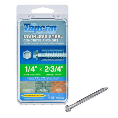 Tapcon® 26230 Hex-Head Concrete Anchor, Stainless Steel, 1/4" x 2.75", 25-Count