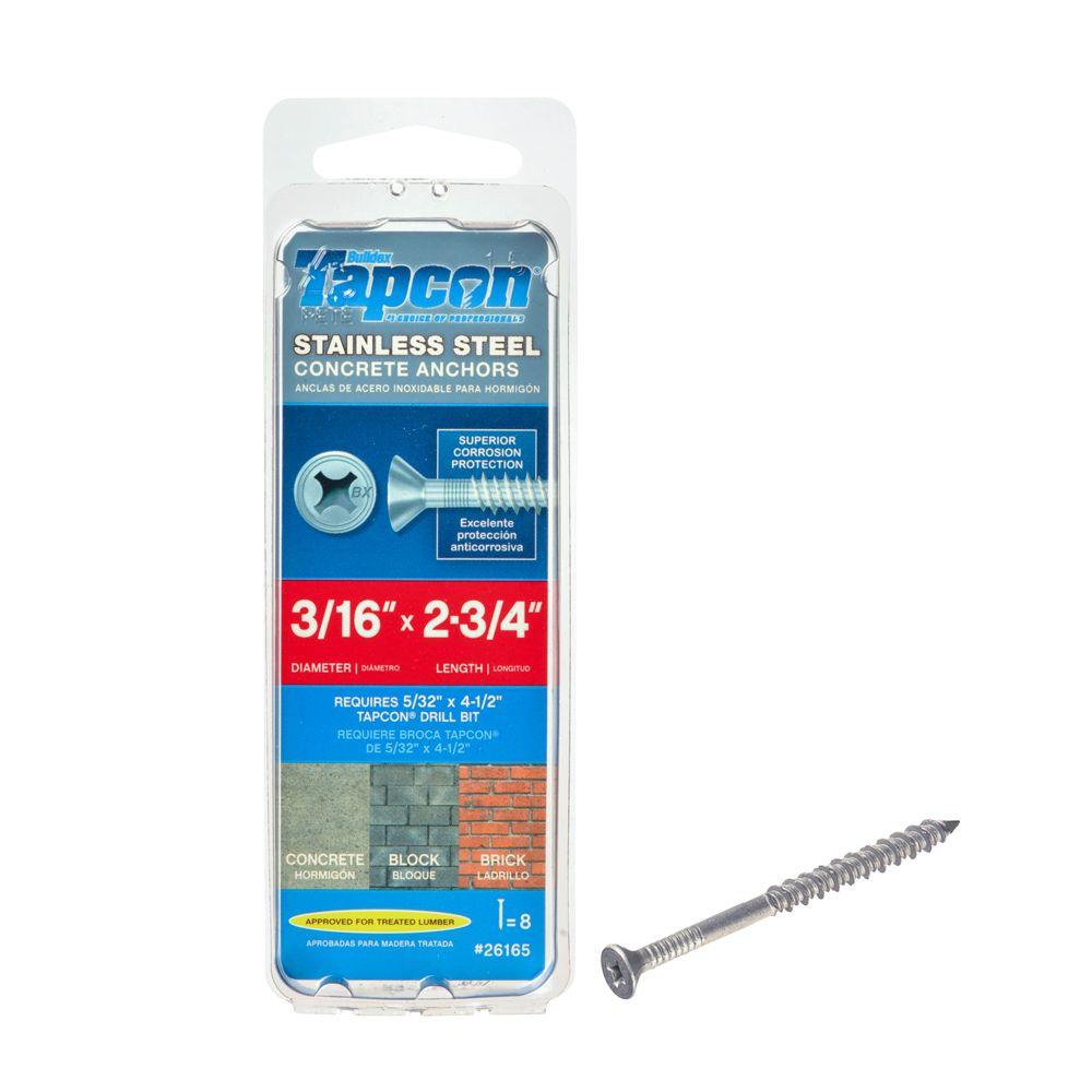 Tapcon® 26165 Phillips Head Concrete Anchors, Stainless Steel, 3/16"x2.75", 8-Ct