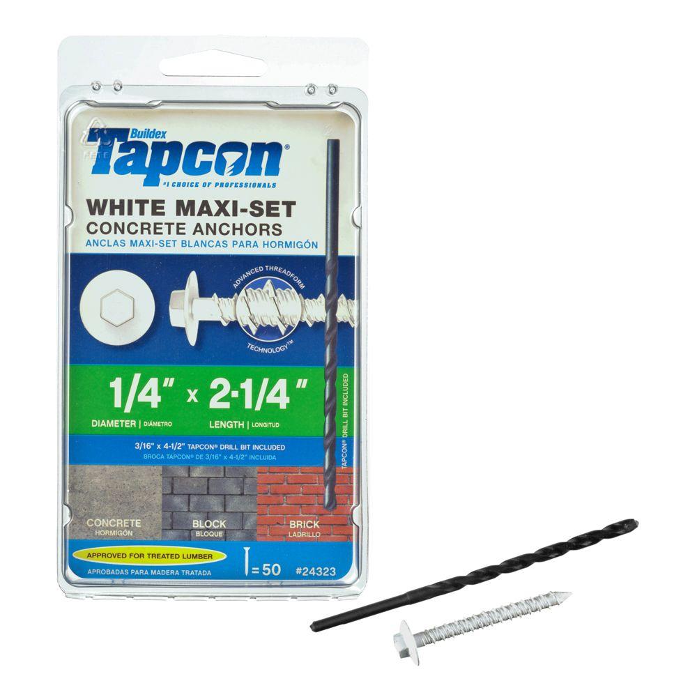 Tapcon® 24323 Maxi-Set Hex Flat-Head Concrete Anchor, White, 1/4"x2-1/4", 50-Ct