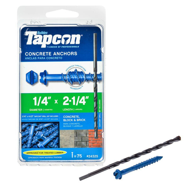 Tapcon® 24325 Hex Washer Head Tapcon Concrete Anchors, 1/4" x 2-1/4", 75-Pack