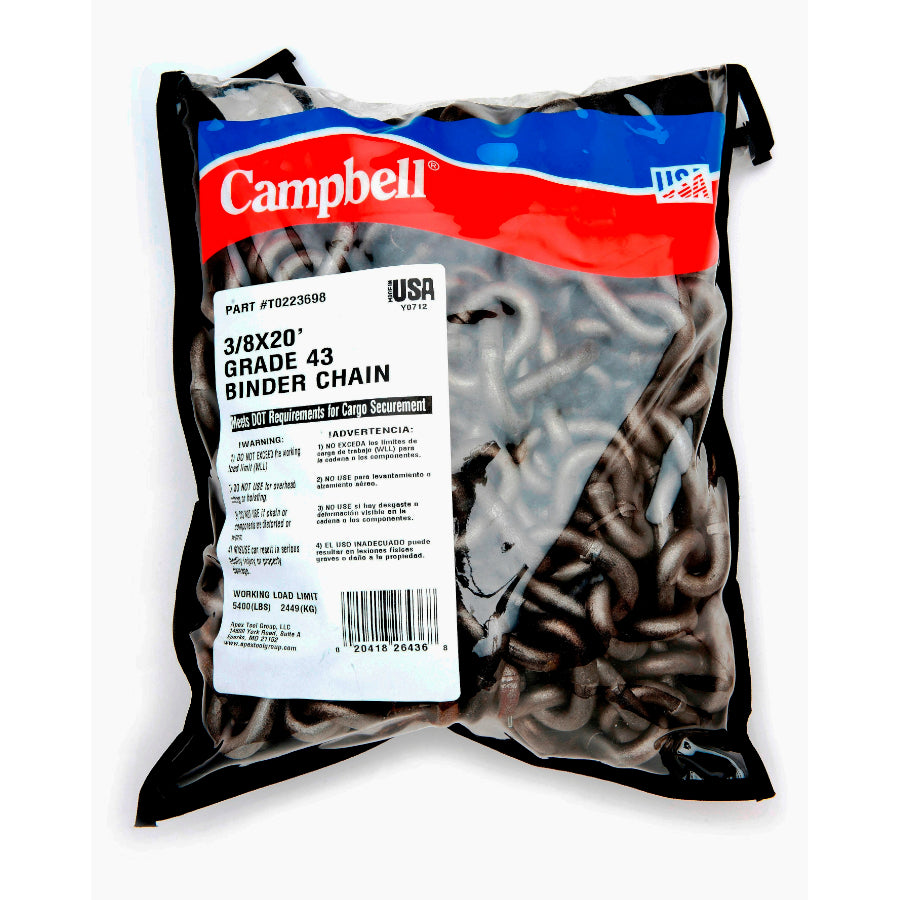 Campbell® T0223820 Grade 43 High Test Binder Chain w/Clevis Grab Hooks, 3/8"x20'