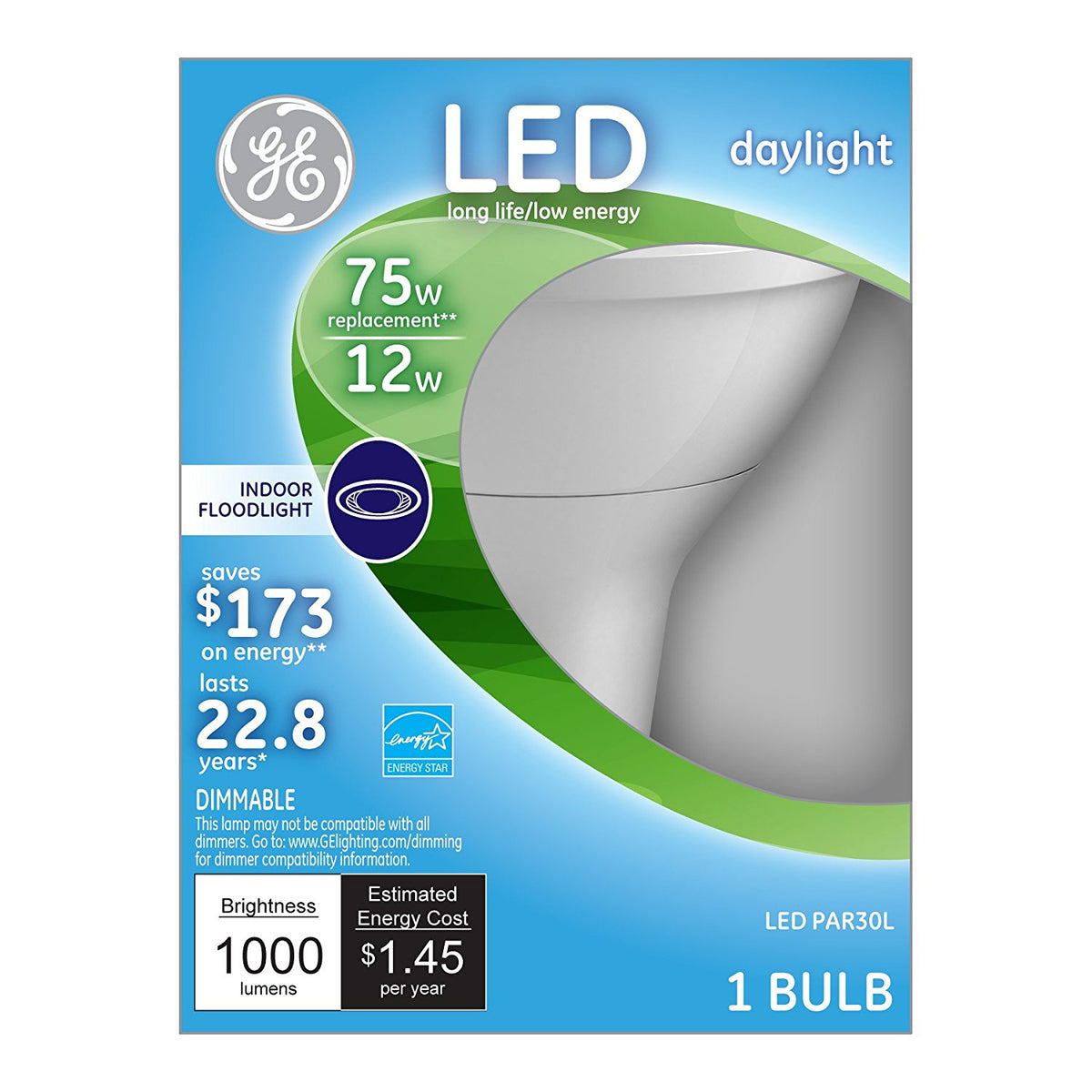 GE Lighting 96852 Dimmable PAR30 Long Neck LED Bulb, Daylight, 12W, 5000K
